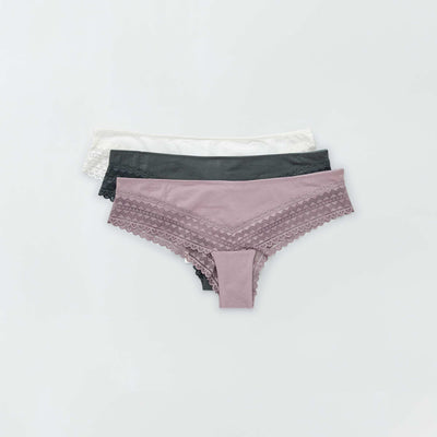 Lot de 3 tangas coton dentelle rose grisé/écru/vert