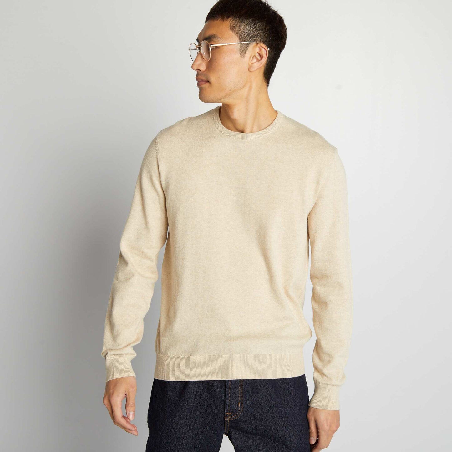 Pull uni à col rond Beige