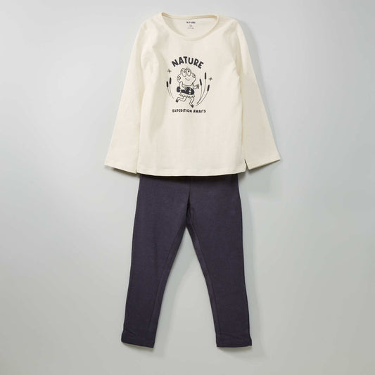 Pyjama long imprimé en coton 2 pièces Ecru/gris