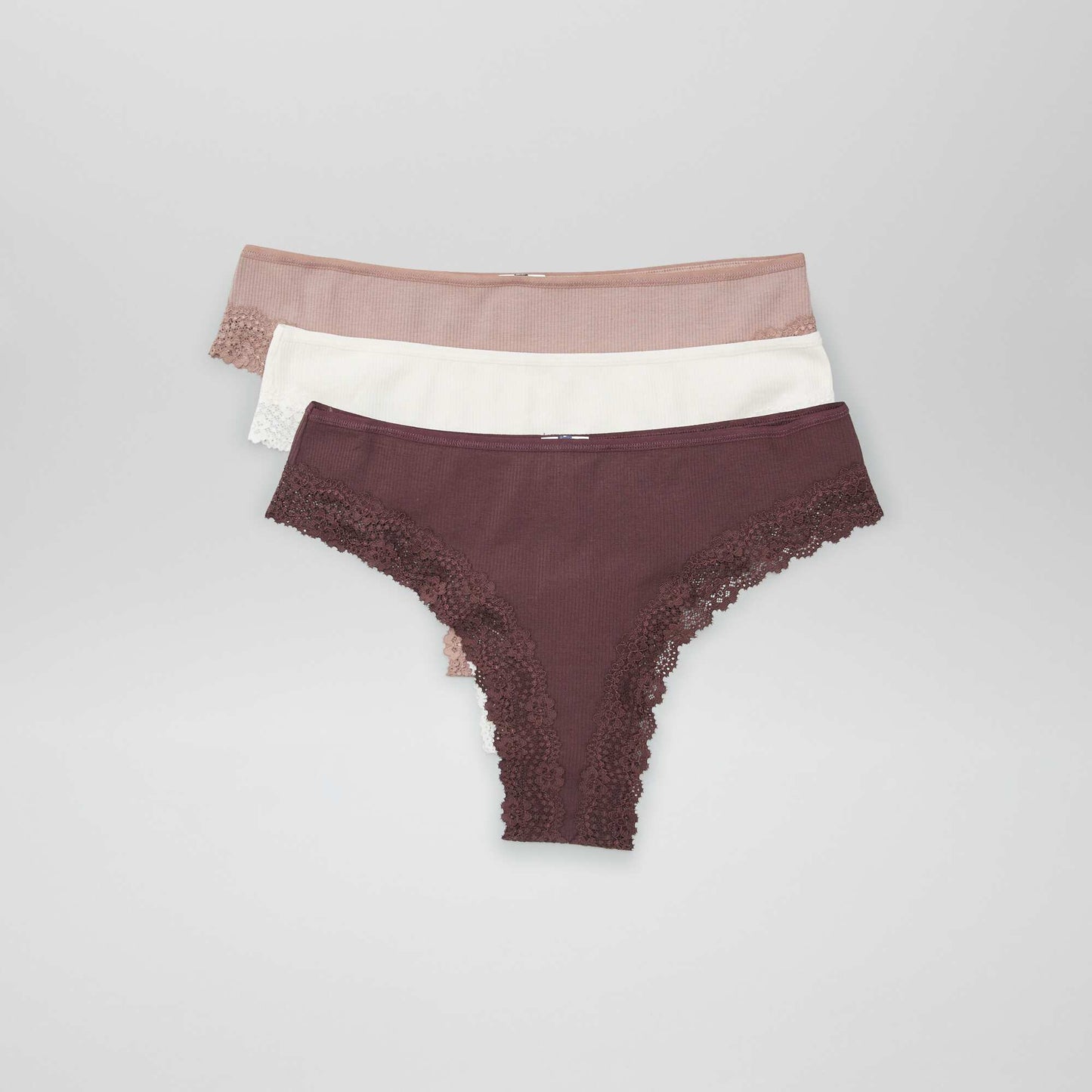 Lot de 3 tangas maille côtelée écru/brun/prune